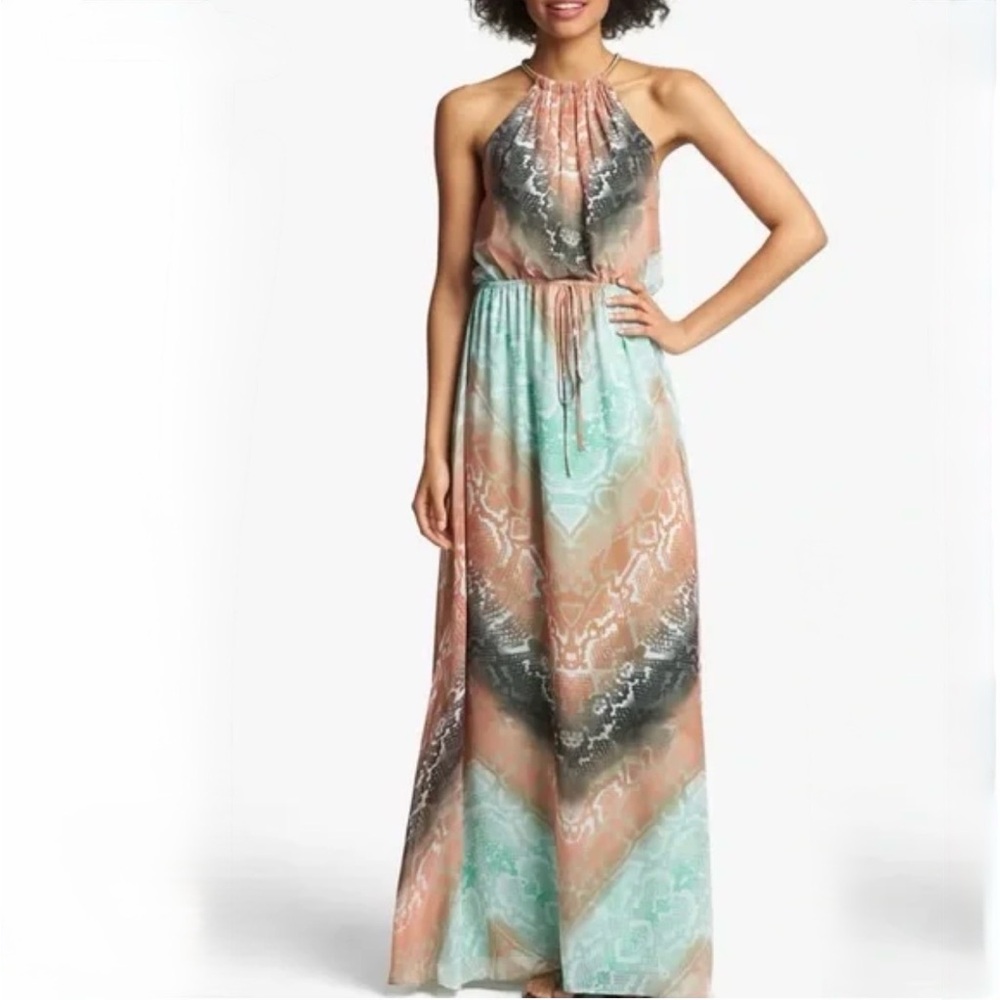 Vince Camuto Snake Print Halter Maxi Dress Bohemian Summer Resort Vacation